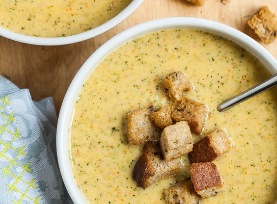 Broccoli Cheddar Soup with Whole-Grain Mustard Croutons