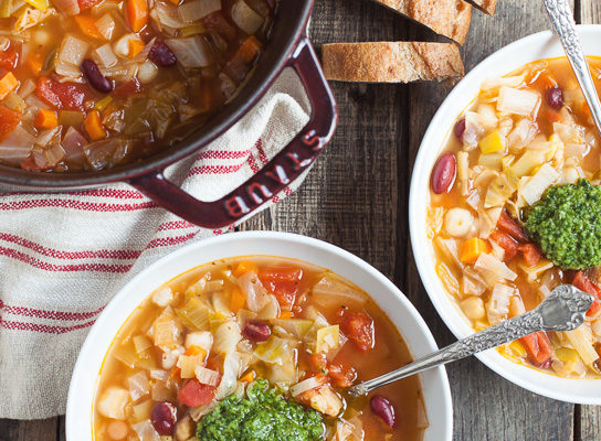 Pesto Hominy Minestrone Soup|Gather & Dine