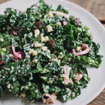 Kale Quinoa Salad with Pickled Onions, Raisins, and Pine Nuts | Gather & Dine