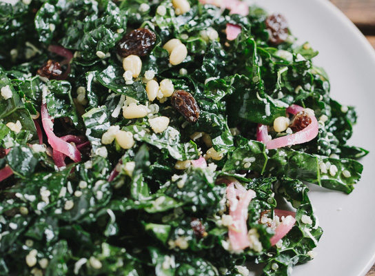 Kale Quinoa Salad with Pickled Onions, Raisins, and Pine Nuts | Gather & Dine