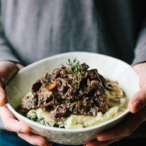 Braised Beef Short Ribs {over Mashed Potatoes with Parmesan and Greens}