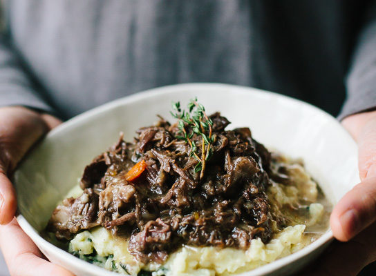 Braised Beef Short Ribs {over Mashed Potatoes with Parmesan and Greens}