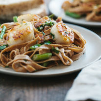 Pasta with Seared Scallops, Crisped Prosciutto, and Asparagus