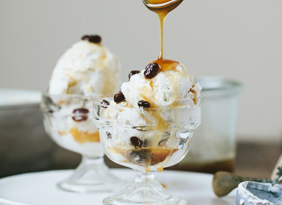 Coconut Vanilla Bean Ice Cream with Maple Rum Raisin Sauce | Gather & Dine