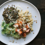 Baked Salmon and Lentils with Quinoa, Shaved Cucumbers, and Dilled Yogurt Sauce | Gather & Dine