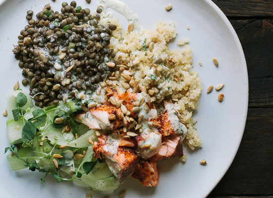 Baked Salmon and Lentils with Quinoa, Shaved Cucumbers, and Dilled Yogurt Sauce | Gather & Dine