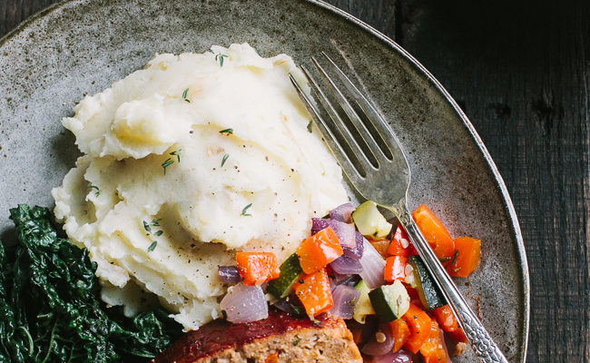 Roasted Vegetable Turkey Meatloaf with Mustard Mashed Potatoes