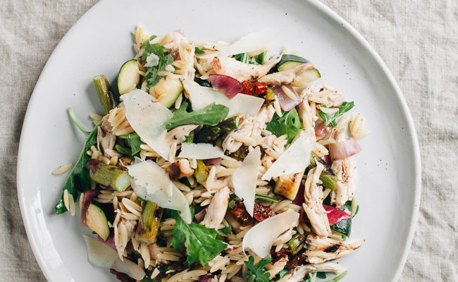 Summer Italian Orzo Salad with Grilled Marinated Vegetables and Chicken | Gather & Dine