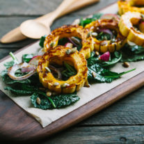 Roasted Delicata Squash with Baby Kale and Balsamic Molasses Vinaigrette