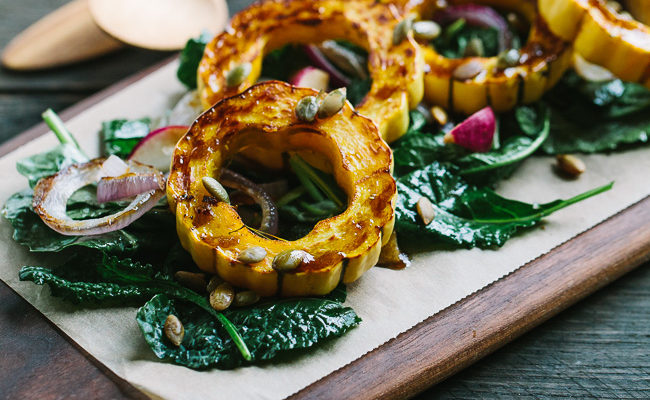 Roasted Delicata Squash with Baby Kale and Balsamic Molasses Vinaigrette