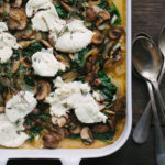 Ricotta Goat Cheese Polenta Bake with Mushrooms, Greens, and Caramelized Onions