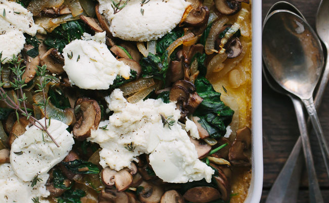 Ricotta Goat Cheese Polenta Bake with Mushrooms, Greens, and Caramelized Onions