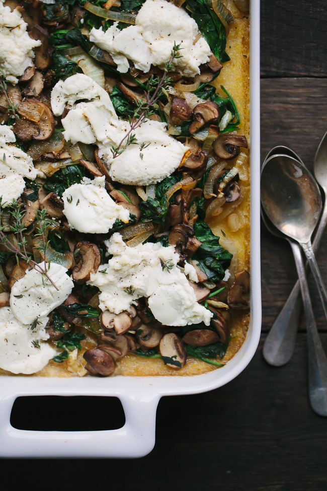 Ricotta Goat Cheese Polenta Bake with Mushrooms, Greens, and Caramelized Onions