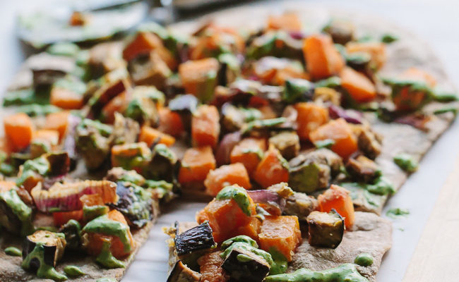 Miso Roasted Veggie Flatbreads with Green Tahini Yogurt