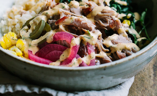 Pulled Pork Rice Bowls with Sriracha Tahini Sauce