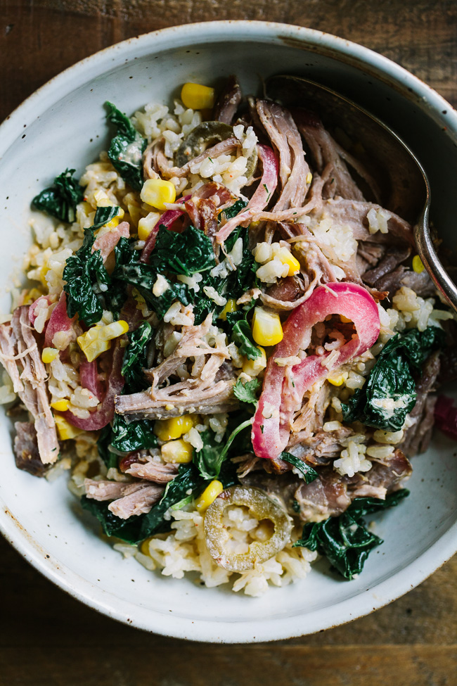 Pulled Pork Rice Bowls with Sriracha Tahini Dressing