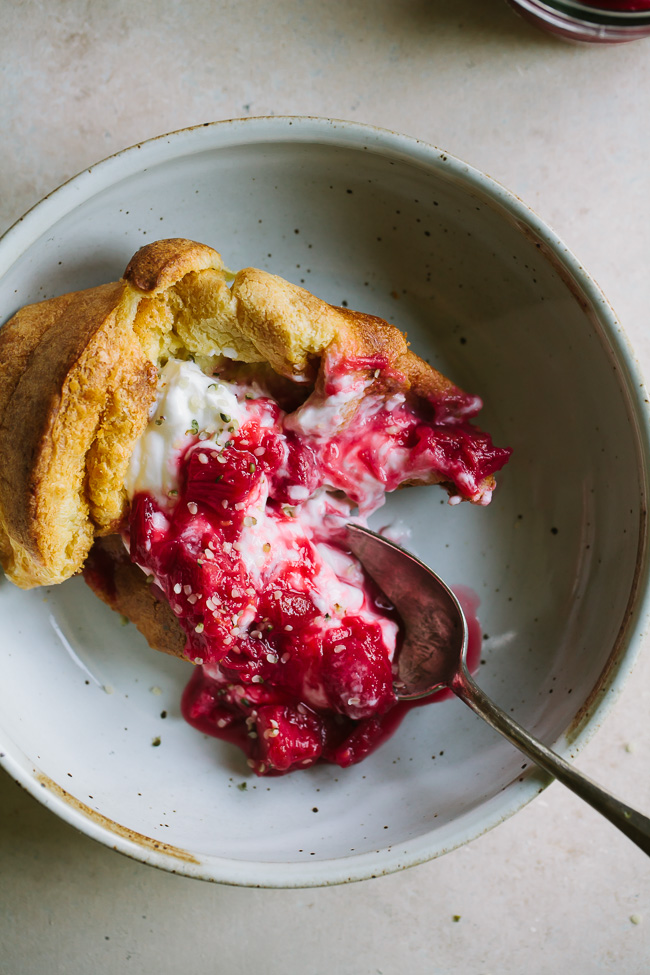 Einkorn Popovers with Yogurt and Rhubarb Raspberry Compote