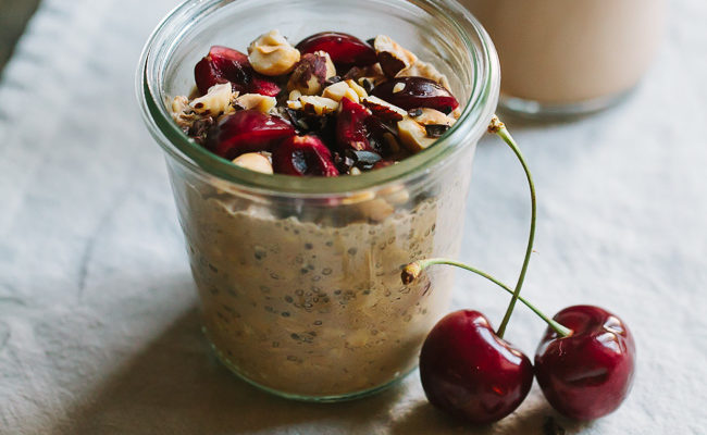 Cocoa Hazelnut Overnight Oats with Sweet Cherries