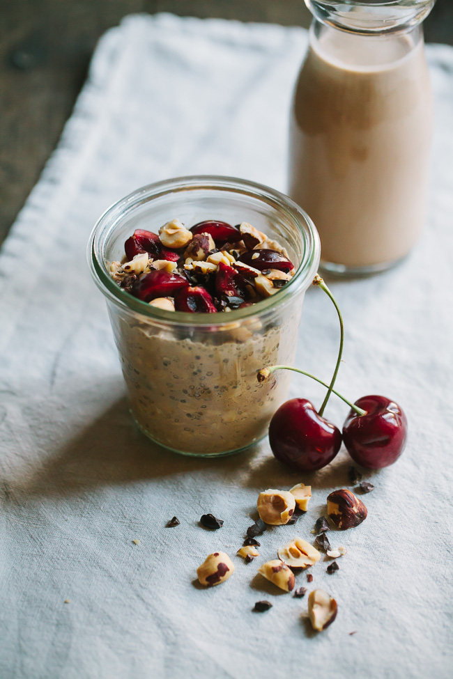 Cocoa Hazelnut Overnight Oats with Sweet Cherries