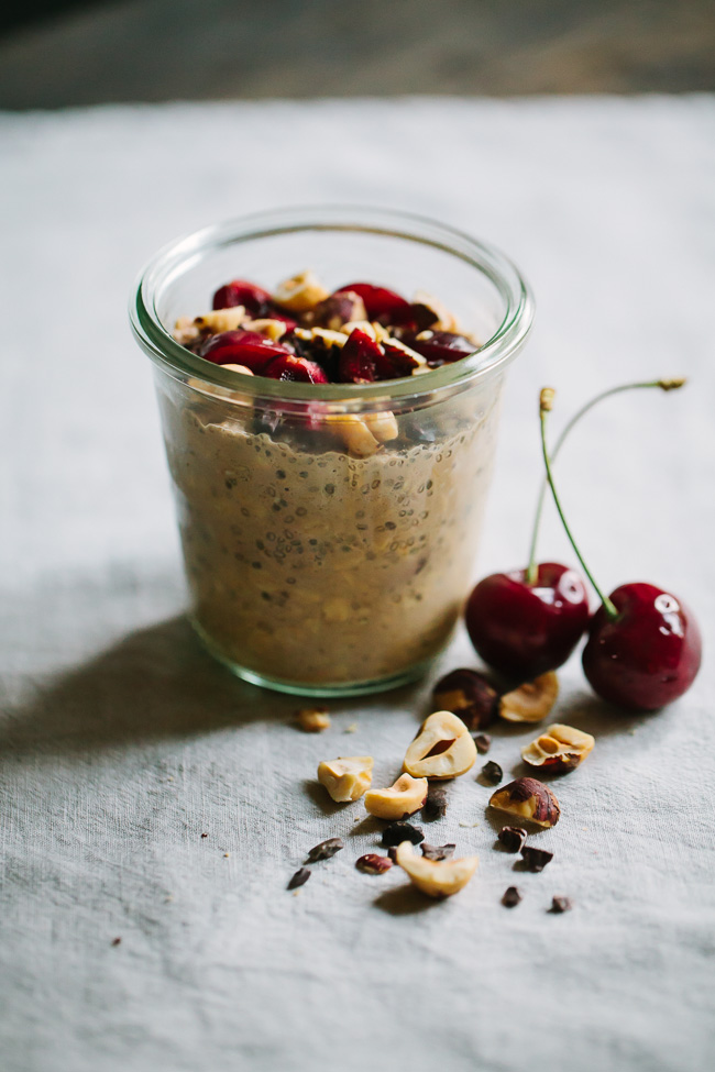 Cocoa Hazelnut Overnight Oats with Sweet Cherries