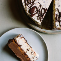 A Chocolate and Mint Chocolate Chip Ice Cream Cake with Crispy Cocoa Cookies and Dark Chocolate Malted Fudge