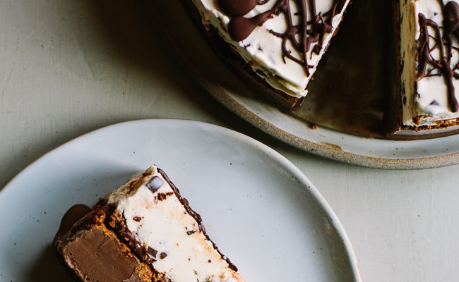 A Chocolate and Mint Chocolate Chip Ice Cream Cake with Crispy Cocoa Cookies and Dark Chocolate Malted Fudge