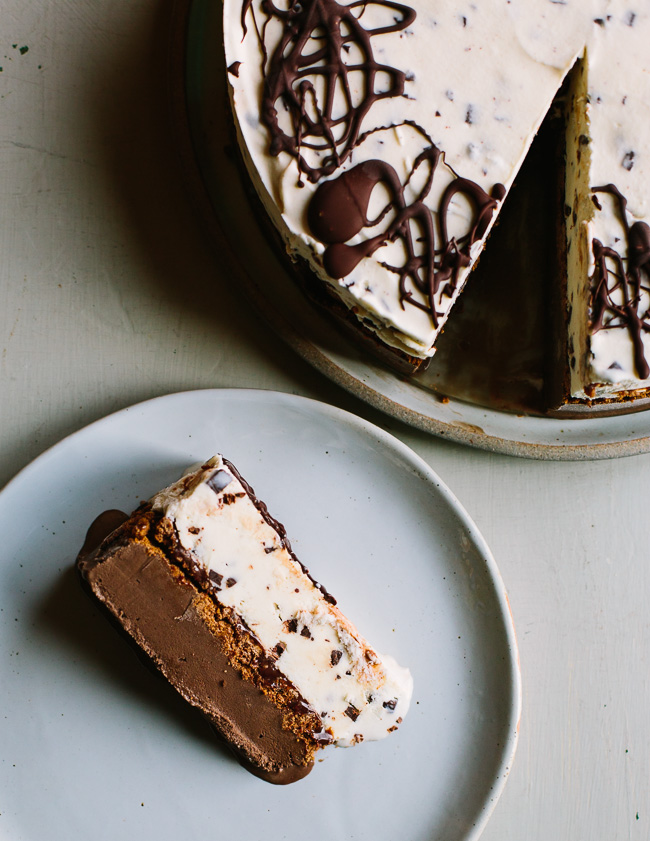 A Chocolate and Mint Chocolate Chip Ice Cream Cake with Crispy Cocoa Cookies and Dark Chocolate Malted Fudge