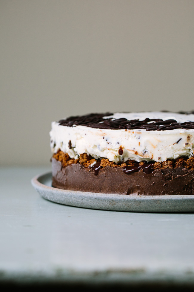 A Chocolate and Mint Chocolate Chip Ice Cream Cake with Crispy Cocoa Cookies and Dark Chocolate Malted Fudge