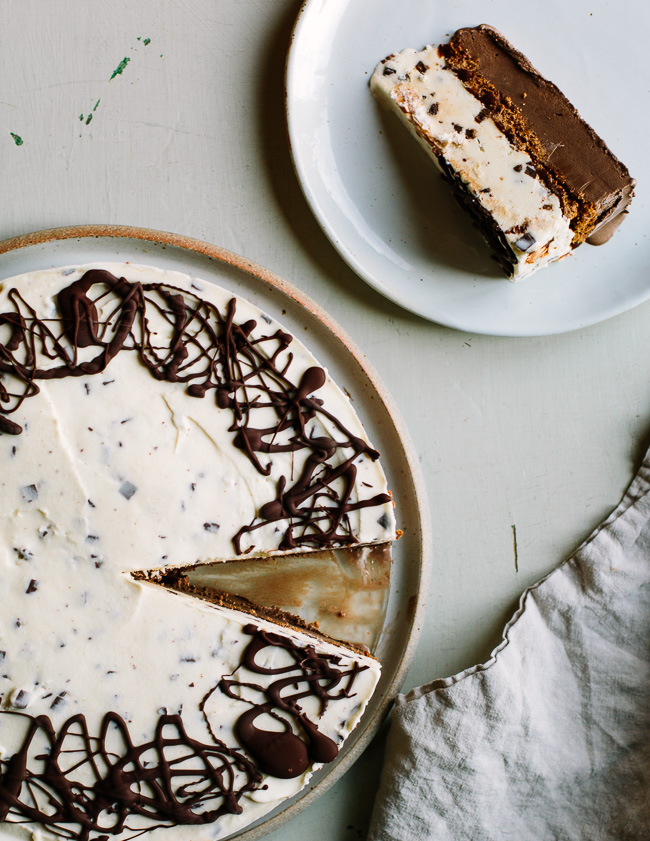 A Chocolate and Mint Chocolate Chip Ice Cream Cake with Crispy Cocoa Cookies and Dark Chocolate Malted Fudge