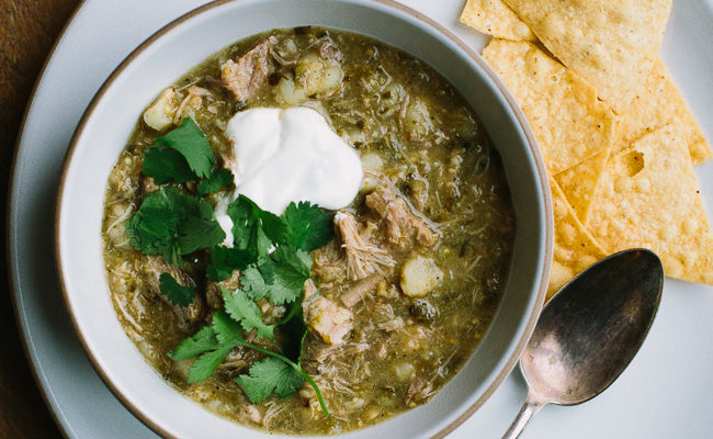 Slow Cooker Tomatillo Chili with Pork and Hominy