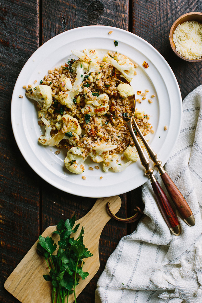 Pecorino Roasted Cauliflower with Farro and Crispy Pancetta