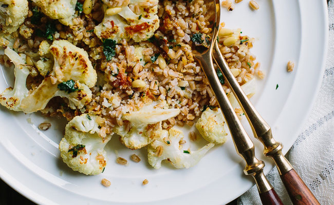 Pecorino Roasted Cauliflower with Farro and Crispy Pancetta