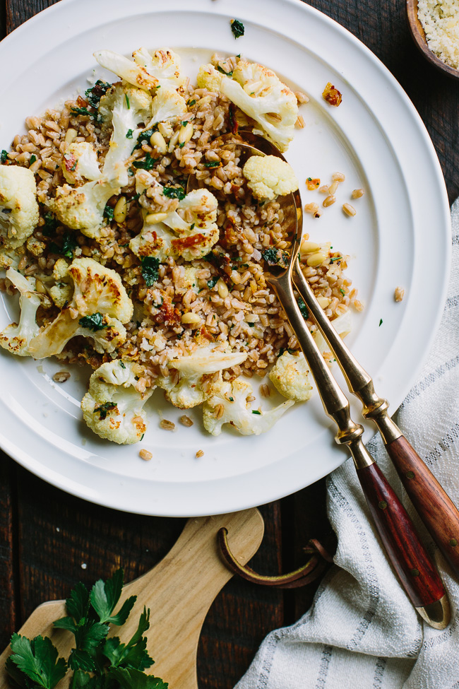 Pecorino Roasted Cauliflower with Farro and Crispy Pancetta