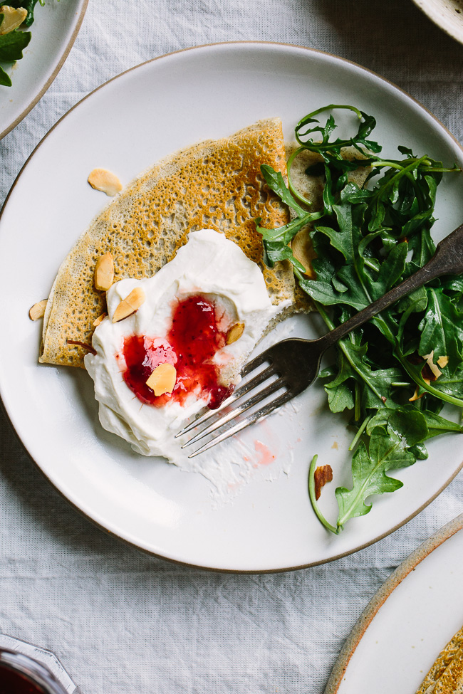 Buckwheat Crepes with Whipped Ricotta Goat Cheese and Strawberry Preserves