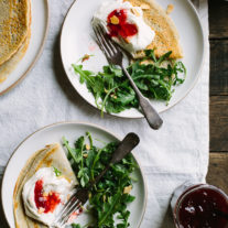 Buckwheat Crepes with Whipped Ricotta Goat Cheese and Strawberry Preserves