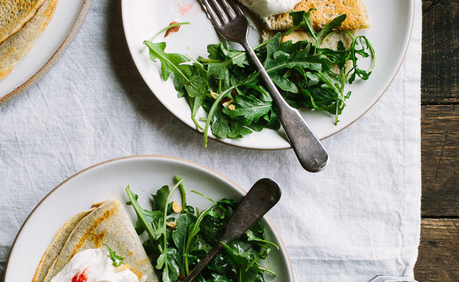 Buckwheat Crepes with Whipped Ricotta Goat Cheese and Strawberry Preserves