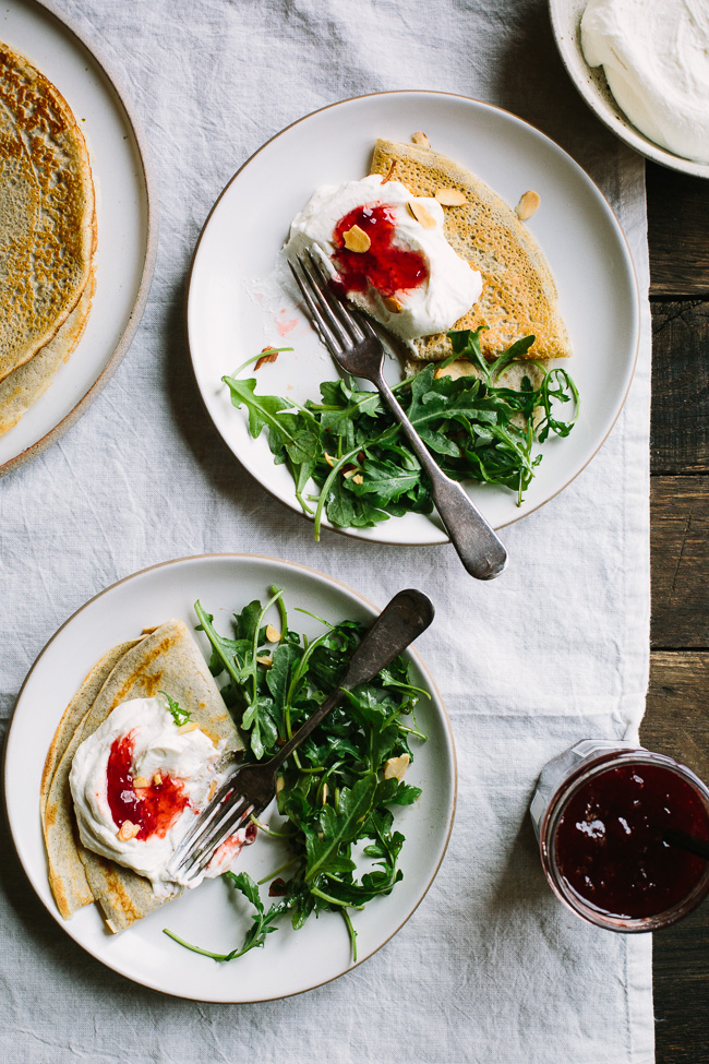 Buckwheat Crepes with Whipped Ricotta Goat Cheese and Strawberry Preserves