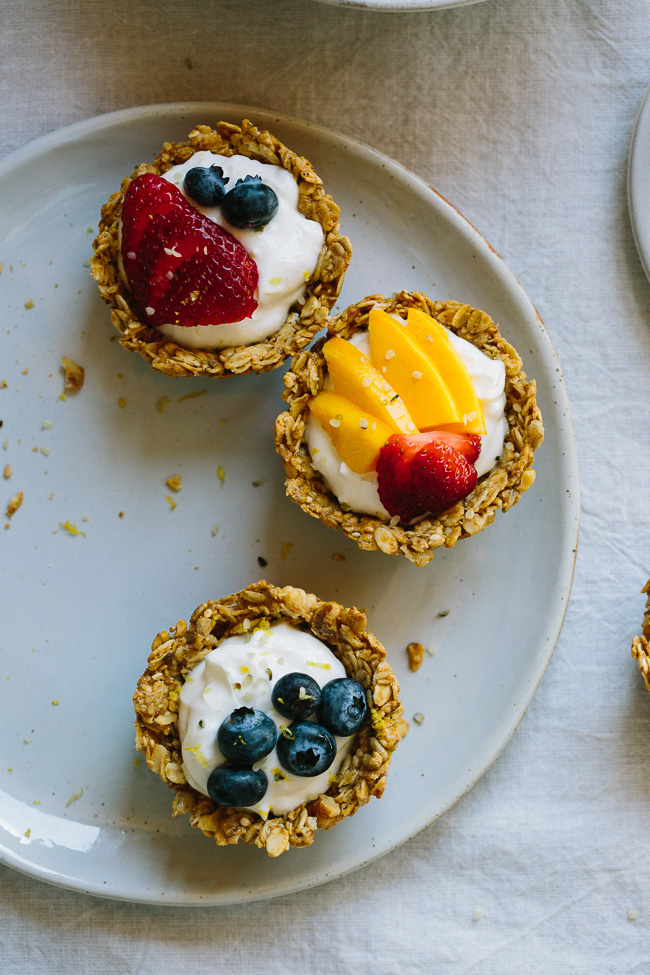 Muffin Tin Granola Cups with Lemon Greek Yogurt and Berries