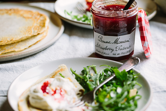 Buckwheat Crepes with Whipped Ricotta Goat Cheese and Strawberry Preserves