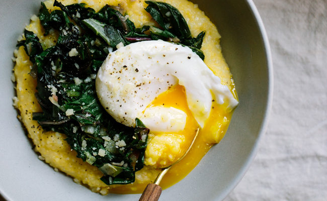 Parmesan Polenta Bowls with Chard, Leeks, and Poached Eggs