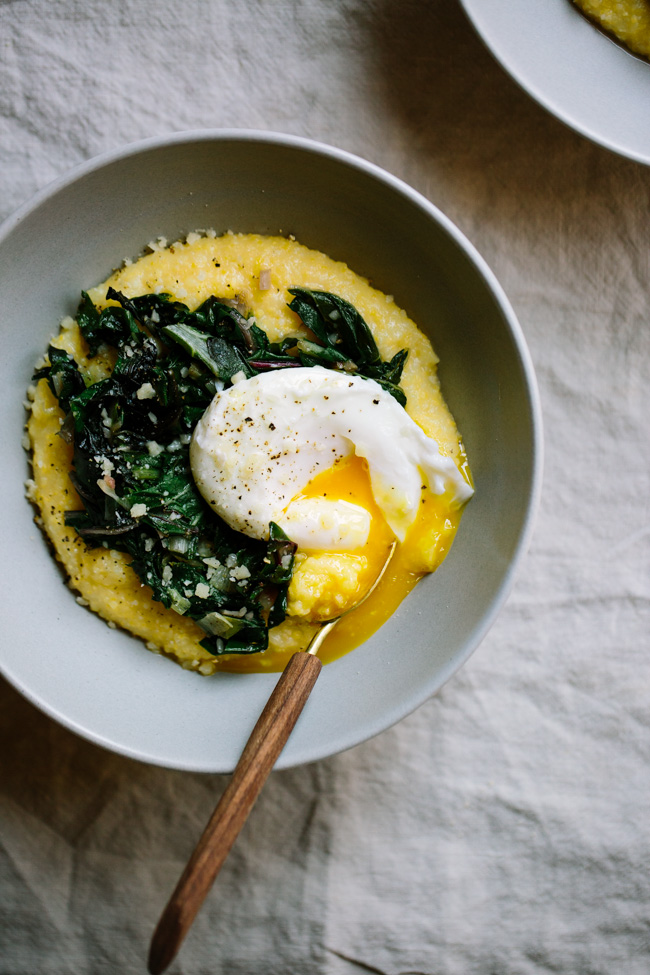 Parmesan Polenta Bowls with Chard, Leeks, and Poached Eggs