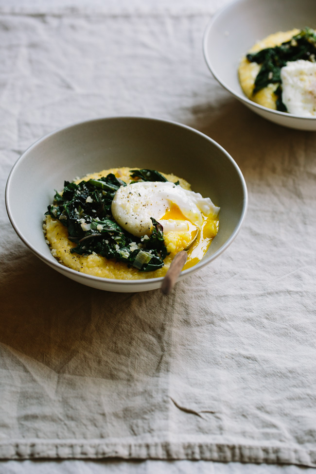 Parmesan Polenta Bowls with Chard, Leeks, and Poached Eggs