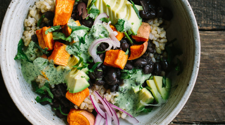 Black Bean Sweet Potato Grain Bowls with Herbed Tahini Dressing