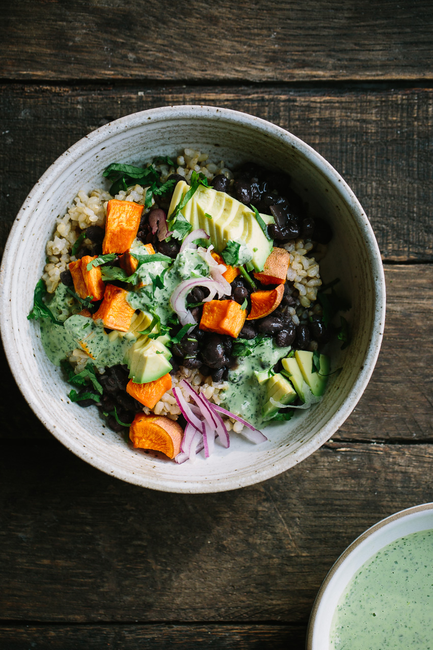 Black Bean Sweet Potato Grain Bowls with Herbed Tahini Dressing