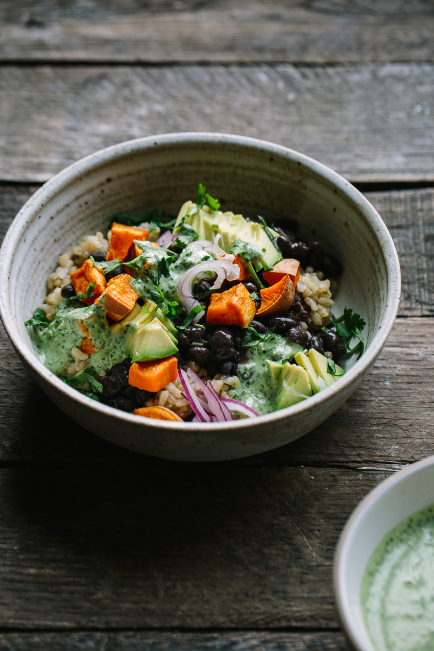 Black Bean Sweet Potato Grain Bowls with Herbed Tahini Dressing