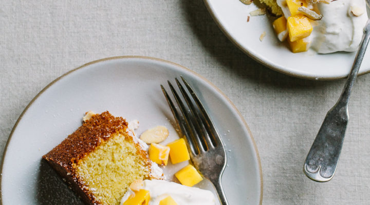 Almond Spelt Cake with Mascarpone Cream and Mango