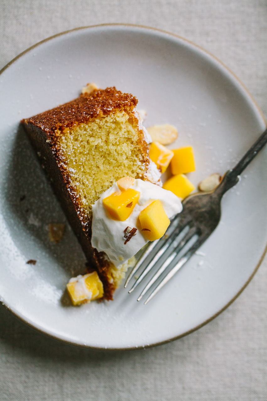 Almond Spelt Cake with Mascarpone Cream and Mango