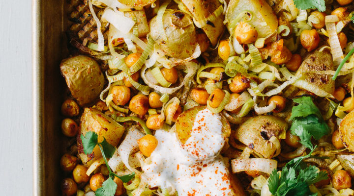 Baked Harissa Chickpeas with Leeks and Potatoes