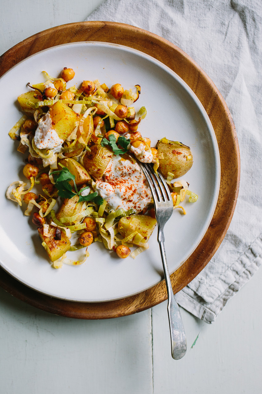 Baked Harissa Chickpeas with Leeks and Potatoes